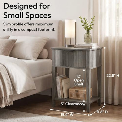 FuniXpress Small Nightstand, 15" Wide, Drawer Shelf, Weathered Gray Fluted | Weathered gray tone, clean fluted front, 11.8-inch slim depth, smart storage, fits guest rooms or small spaces - color: Weathered Gray