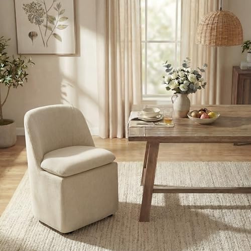 KISLOT Upholstered Dining Chairs with Casters, Washable Cover Modern Dining Room Chairs with Thick Cushion & Sturdy Metal Frame for Kitchen, Living Room, Dressing Room, Sand Fabric, Set of 1 - color: Sand, size: set of 1
