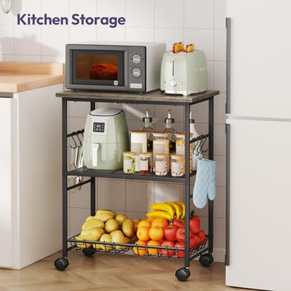 SWTYMIKI Rolling Kitchen Microwave Cart - 3 Tier Microwave Table Stand with Storage Basket and Hooks, Kitchen Utility Cart on Wheels, Coffee Cart Shelf Rack Organizer for Living Room Office, Balcony - color: Grey