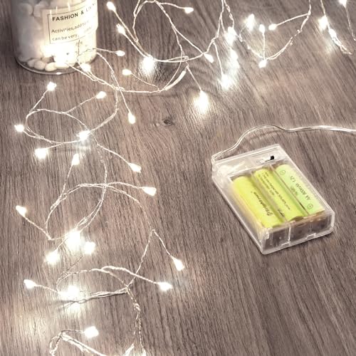 Minetom Fairy Lights Battery Operated, Twinkle String Waterproof Silver Wire 5 Feet 60 Led Firecracker Starry for DIY Wreath Home Wedding Party Bedroom Mason Jar Holiday Christmas, Pure White - color: Pure White