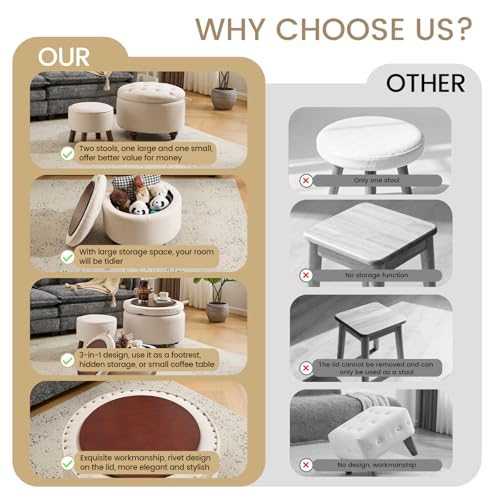 24Inch Round Storage Ottoman, Set of 2, Modern Button Tufted Coffee Table with Removable Top, Upholstered Ottoman with Storage Footrest Stool for Living Room, Bedroom (Khaki) - color: Khaki