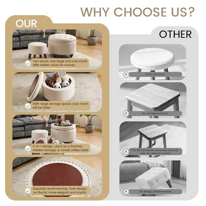 24Inch Round Storage Ottoman, Set of 2, Modern Button Tufted Coffee Table with Removable Top, Upholstered Ottoman with Storage Footrest Stool for Living Room, Bedroom (Khaki) - color: Khaki