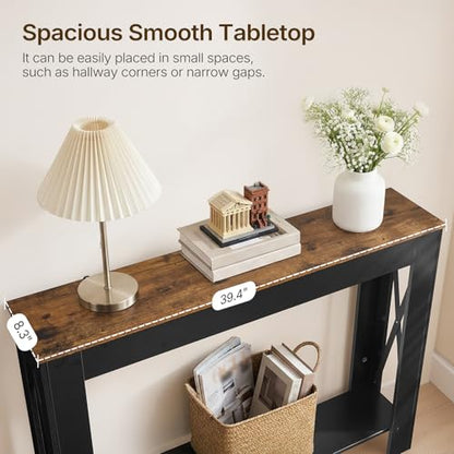 Farmhouse Console Table, 39.4'' Small Narrow Entryway Table, Wood Couch Table Behind Sofa with Storage Shelf, Slim Farmhouse Hallway Table for Hallway, Foyer, Black and Rustic Brown CT34BR - color: Black + Rustic Brown