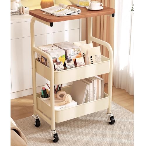 3-Tier Rolling Utility Cart with Drawers, Solid Wood Tabletop Metal Storage Cart, 360° Swivel Wheels & 2 Lockable Casters, Lightweight Mobile Organizer Trolley for Kitchen Living Room Bathroom - color: White.b