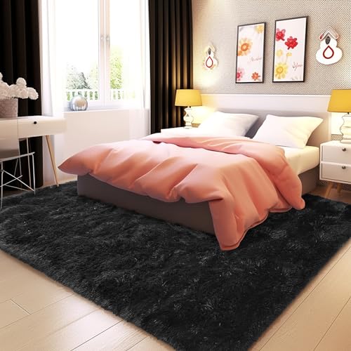 Awaytail Fluffy Rug Flame Resistant 5x7, Black Throw Rugs for Living Room | Upgrade Non-Slip Durable, Indoor Fuzzy Rugs Floor Carpet for Kids Girls and Boys, Home Decor Aesthetic - color: Black, size: 5' x 7' (Rectangular)