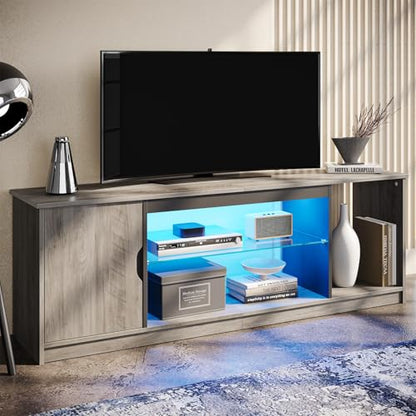Bestier LED TV Stand for PS5,Modern Gaming Entertainment Center with Cabinet for 60/65 Inch TV, TV Console with Adjustable Glass Shelf for Living Room Bedroom Grey - color: Grey