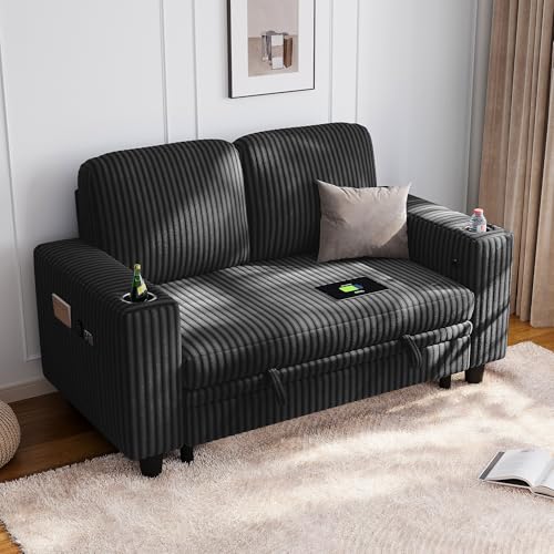 LINSY HOME Sectional Couches for Living Room, 56" Loveseat(Storage), Black | 2 seater sofa for small spaces,corduroy couch with storage - color: Black