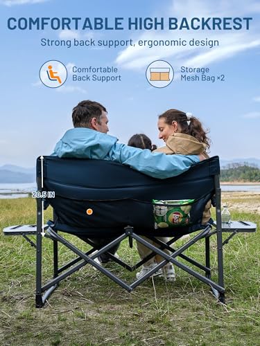 TIMBER RIDGE Double Camping Chair Portable Loveseat, Heavy Duty Folding Camp Couch, 2 person Director Chairs with Cup Holder for Outdoor Lawn Tailgates Picnic Sports Soccer Games Supports 600 lbs Blue | Heavy Duty Folding Camp Couch for 2 Person with Cup