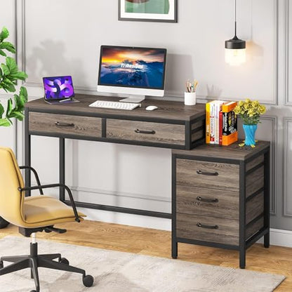 Tribesigns Computer Desk with 5 Drawers, Reversible Home Office Desks | Small Desk with Drawer Cabinet Printer Stand, PC Desk with Storage, Grey Study Writing Table Workstation for Small Spaces - color: Grey