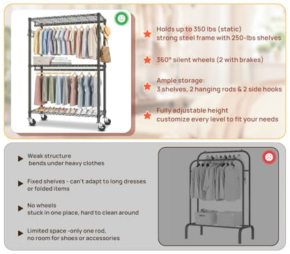 Duty Rolling Rack, 3-Tier Adjustable Clothes Rack with Double Rods, Black | Heavy Duty Rolling Rack, Double Rods, Adjustable Shelves, Side Hooks, Lockable Wheels, Carbon Steel, Rustproof, Easy Assembly - color: BLACK, size: 23.6IN