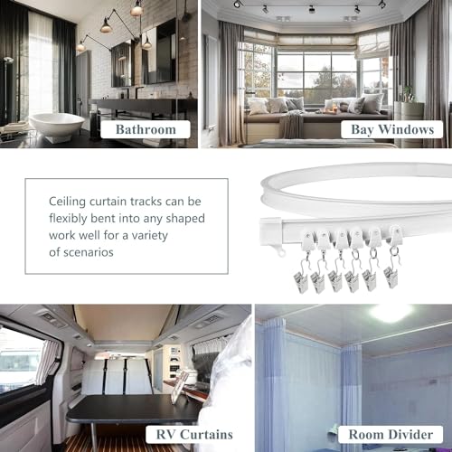 Bendable Ceiling Curtain Track Flexible Curved Curtain Tracks Wall Mount Room Divider RV Curtain Track Heavy Duty Curtain Rail System 14Ft Ceiling Track for Curtains Bay Window - color: White, size: 14Ft