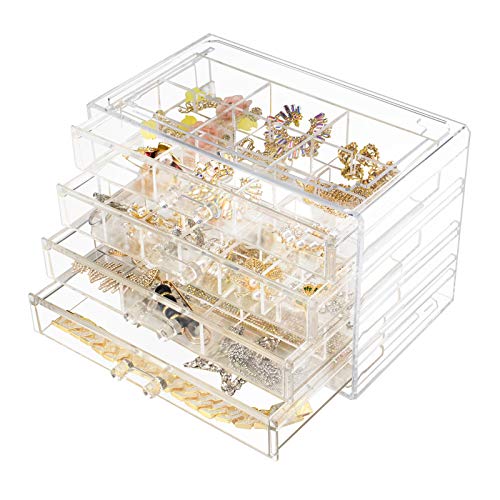 Weiai Clear Acrylic Jewelry Organizer Box 72 Adjustable Grids for Earrings Rings - size: 4 Drawers