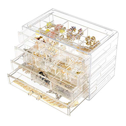 Weiai Clear Acrylic Jewelry Organizer Box 72 Adjustable Grids for Earrings Rings - size: 4 Drawers