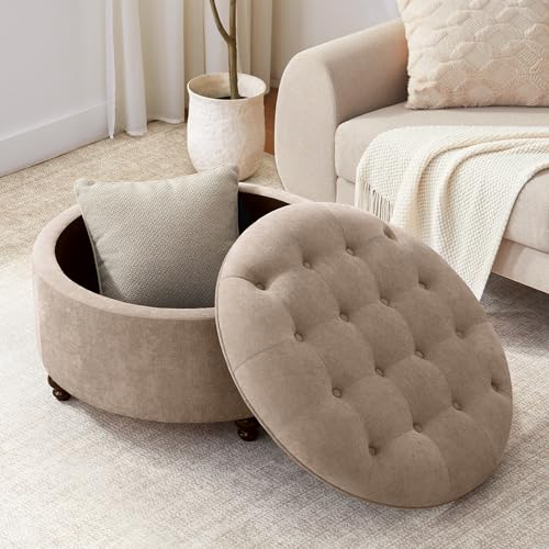 HUIMO 30-Inch Round Storage Ottoman, Button Tufted Coffee Table(Brown) | Ottoman Coffee Table with Removable Top, Upholstered Ottoman with Storage, Footrest Stool for Living Room, Bedroom and Office - color: Brown