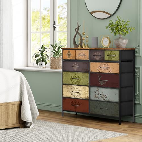 VASICAR Dresser for Bedroom with 12 Drawers, Tall Chest of Drawers | Storage Organizer Cabinet, Compact Fabric Drawer Dressers for Closet, Nursery, Kid's Room, Laundry, Dorm (Pattern) - color: Compact Pattern