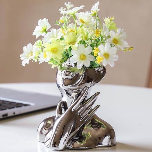 BrownLove Silver Ceramic Face Vase, Modern Silver Decorative Art Vase, Bookshelf Placed On The Desktop, Small Living Room, Office and Bedroom - style: Silver-Charming