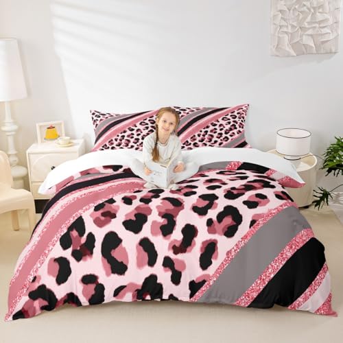 Abstract Leopard Kids Duvet Cover Set Twin Size,Cheetah Skin Wild Animals Bedding Set,Girls Boys Adults Room Decor,Geometric Stripes Fashion Comforter Cover,Pink Dreamy Quilt Cover,1 Pillowcase - color: A-leopard 04, size: Twin 68"x90"