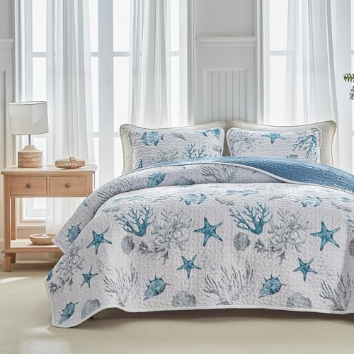 3 Piece Coastal Quilt Sets Full/Queen Size - Reversible Microfiber Ocean Style Quilts with 2 Shams Soft Lightweight Beach Bedding Nautical Bedspread Coverlet Summer Comforter for All Season - color: Coastal, size: Queen-88*88in