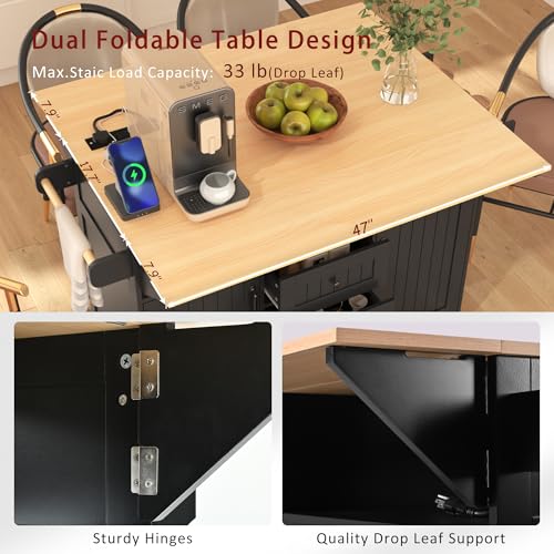 55.7" W Kitchen Island with 2 Drop Leaf, Moblie Kitchen Cart On Wheels with Storage Cabinet, 3 Drawers, Multifunctional Rolling Dining Table with Power Outlet, Spice & Towel Rack (Black-v) - color: Black-v)