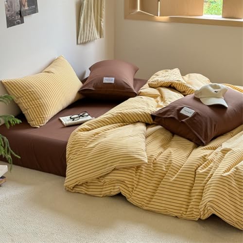 Striped Duvet Cover Full Size Yellow Brown Striped Bedding Set 3pcs Retro Vertical Ticking Stripes Soft Lightweight Microfiber Comforter Cover Set with Zipper Closure and 2 Pillowcases - color: Brown Striped, size: Full (1 Duvet Cover + 2 Pillowcases)