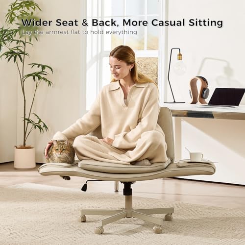 amseatec Criss Cross Office Chair, Swivel Makeup Vanity Chair with Wheels | Wide PU seat supports cross-legged, fidget-friendly sitting; 5-level armrests create pet space; wipe-clean finish eases care - color: Cream Beige