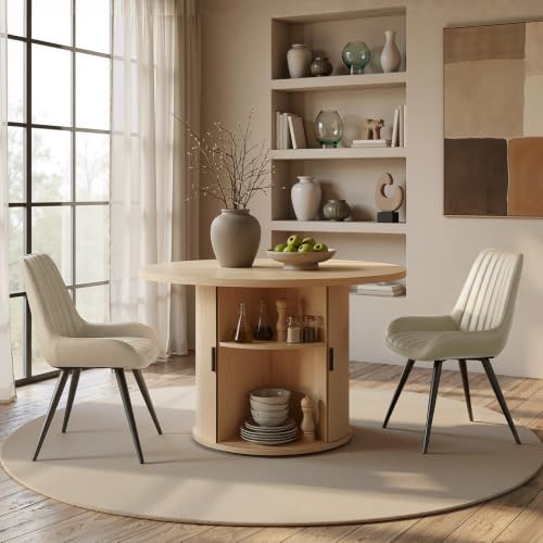 3-Piece Round Dining Table Set for 2, 47-Inch Modern Farmhouse Kitchen Table with Half-Open Storage Shelf, Comfortable Fabric Dining Chairs with Metal Legs (Natural Table + 2 Beige Chairs) - color: Natural Table + 2 Beige Chairs-43, size: 3-Piece