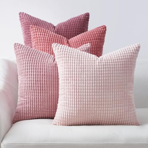 Topfinel Aesthetic Pink Room Decor Throw Pillows Covers for Couch Living Room Bedroom, Coquette Room Decorative Fluffy Corduroy Cushion Cover 18x18 Inch Set of 4 (Blush/Rose/Hot Pink) - color: Pink, size: 18" x 18" (Pack of 4)