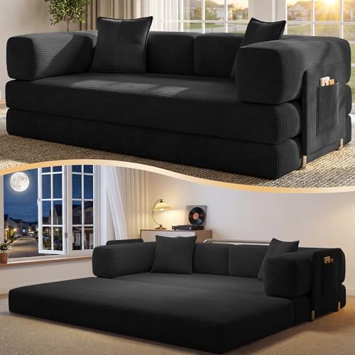 78.8" Convertible Futon Sofa Bed, Boneless Couch for Living Room | Corduroy Boneless Loveseat Sleeper Sofa, Modular Futon Couch with Storage Pocket, Pull Out Couch No Assembly | Black - color: Black