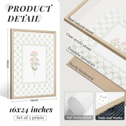 Pink Green Floral Wall Art Girl Room Wall Decor Nursery Flower Pictures Pastel Floral Canvas Posters Cute Flower Prints Pink Sage Green Botanical Painting for Bathroom Bedroom 16x24 Inch Framed 3Pcs - color: Pink Green Art, size: 16''x24'' Framed