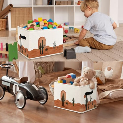 Boho Southwest Cactus Cube Storage Bins, Vinatge Western Collapsible Storage Boxes with Handles, Southwestern Boho Sun Organizer Bins for Laundry Bedroom Living Room, 14.2x10.6x10.6in