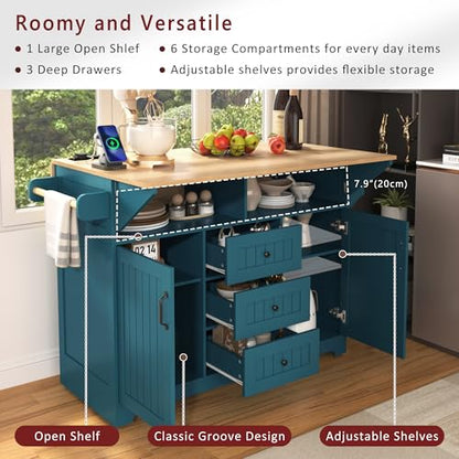 55.7'' Large Kitchen Island with 2 Drop Leaf, Rolling Kitchen Cart on 5 Wheels with Power Outlet, Folding Storage Dining Table with Spice & Towel Rack, 3 Drawers, for Kitchen, Dining Room,Green - style: Green