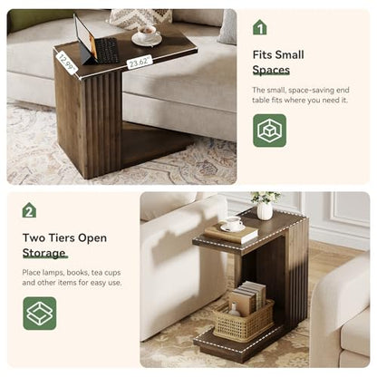Solid Wood Side Table, C-Shaped Narrow End Table with Storage | 2-Tier Farmhouse Bed Side Table with Fluted Panels, Wood Nightstand for Bedroom, Living Room, Small Spaces, Dark Brown - color: Dark Brown