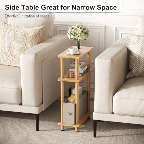 Apicizon Narrow Side Table with Fabric Basket, 3-Tier End Table, Natural | Sofa Side Table, Wood Storage Shelf, Slim Nightstand, Skinny Bedside Table for Narrow Spaces, Living Room, Bedroom - color: Natural, style: Narrow Side Table with Basket
