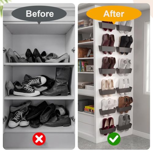 Novabright 12 Pack Wall Mounted Shoes Rack Storage with Sticky Strips Plastic Hanging Shoes Holder Organizer for Entryway Closet Bathroom Door RV Camper Sandals Sneakers Slippers, Black