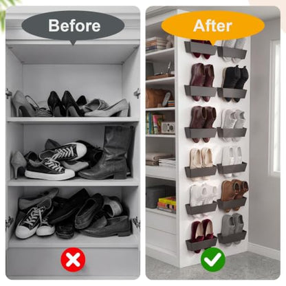 Novabright 12 Pack Wall Mounted Shoes Rack Storage with Sticky Strips Plastic Hanging Shoes Holder Organizer for Entryway Closet Bathroom Door RV Camper Sandals Sneakers Slippers, Black