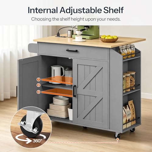 HOOBRO Kitchen Island with Drop Leaf Countertop & Power Outlet, Rolling Island Cart on Wheels, Kitchen Cart with Drawer & Spice Rack, Mobile Island Table for Kitchen, Natural and Grey GN86UZD01 - color: Natural + Grey