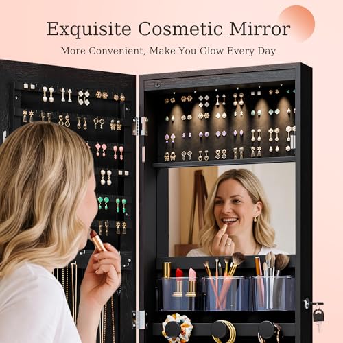 Unisakey Mirror Jewelry Cabinet,Lockable Wall or Door Mounted Jewelry Armoire Organizer With Built-up Mirror,LED Lights, Drawers,Cosmetic Trays,Shelves, 14.4"x3.15"x 43.1"（Black） | Door or Wall Mount Flexible,Drawers Cosmetic Trays Shelves Inside,Built-in