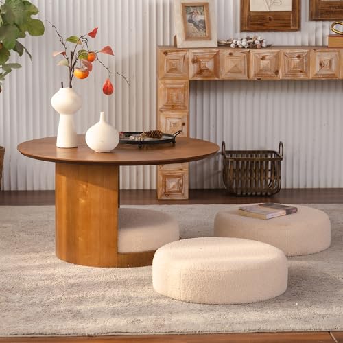 31.5" Round Coffee Table with 3 Teddy Fabric Nesting Stools, Rustic Farmhouse Multifunctional Center Table Set with Hidden Storage, Tea Table for Living Room, Easy Assembly - Walnut - color: 31.5" Coffee Table With 3 Nesting Stools