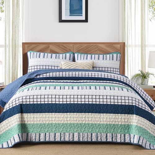 DJY Striped King Size Quilt Set, Navy Blue Green Boho Bedspread Coverlet Set with 2 Pillowcases, 3 Pieces Soft Lightweight Microfiber Patchwork Quilt Bedding Set for All Season (104"x90") - color: Navy Blue Green, size: King