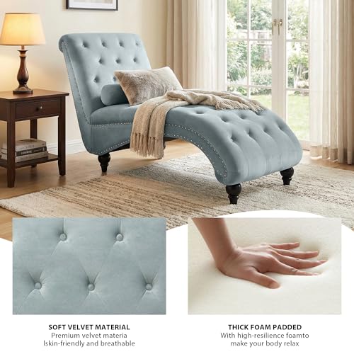 Button-Tufted Chaise Lounge Indoor, Velvet Chaise Lounge Chair with Legs & Toss Pillow, Armless Rolled Backrest Leisure Sofa Recliner for Living Room Bedroom (Gray) - color: Grey