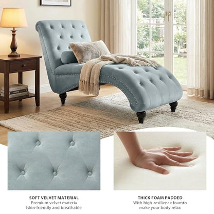 Button-Tufted Chaise Lounge Indoor, Velvet Chaise Lounge Chair with Legs & Toss Pillow, Armless Rolled Backrest Leisure Sofa Recliner for Living Room Bedroom (Gray) - color: Grey