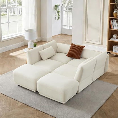 U Shaped Cloud Sectional, Convertible L Shaped Couch with Removable Ottomans,Modular Cloud Couch Sectional for Living Room(4 Set + 2 Ottomans - White) - color: White, size: 4set+2 Ottoman