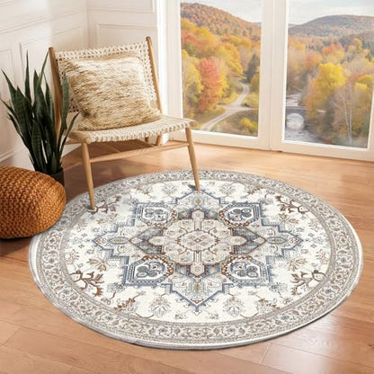 OPPODREAM Soft Area Rugs 4', Persian-Inspired Washable Rug, Cream White & Blue - color: Cream White & Blue, size: 4' (Round)