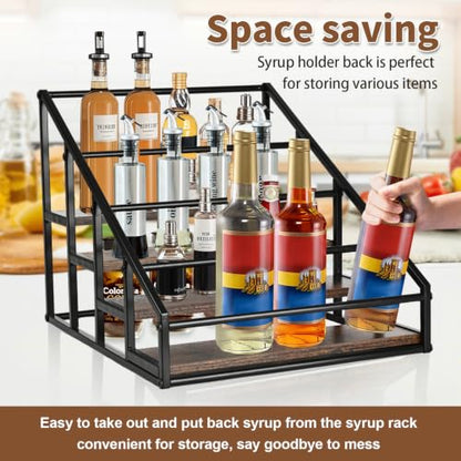 YQBRAO 4-Tier Coffee Syrup Organizer, 16-Bottle Rack, Rustic Brown | Holds up to 16 bottles with stepped visibility; rustic wood and metal design for syrups, kitchens, and home coffee bars. - size: 4 Tier 16 Bottle Syrup Rack - 1 Pack