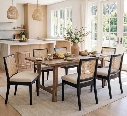 HNY Farmhouse Rattan Dining Chairs Set of 6, Black Solid Hardwood Frame, Upholstered Linen Seat, Ergonomic Cane Back Dining Room Chairs for Kitchen, Dining Room, Apartment, Beige - color: Black
