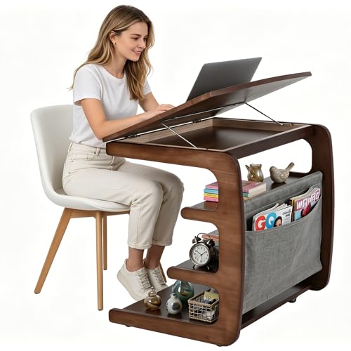 100% Solid Wood C Shaped End Table with Swivel Wheels, Lift Top Couch Table with Storage, Rolling Table that Slide Under Sofa & Bed, 15.75" D x 23.62" W x 24.8" H