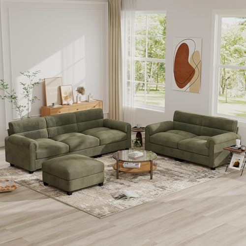 Bonzy Home Green Couch Sets for Living Room, Corduroy Loveseat Sofa & 3 Seater Couch with Movable Ottoman and Rolled Arms, Modern Furniture Set - color: Green, size: 0+2+3