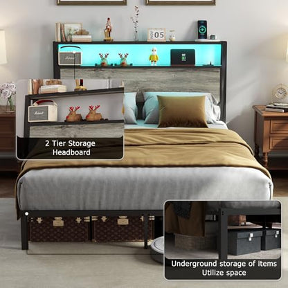 RVONOW Queen Size Bed Frame with 2-Tier Storage Headboard, Rustic Grey | Wooden headboard with LED lights, built-in charging station, No Box Spring Needed, Noise Free, Easy Assembly, Modern Bedroom - color: Rustic Grey, size: Queen