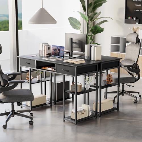 DUMOS 48-Inch Computer Desk with Drawers and Hook, Black | Home Office Desk for Bedroom, Gaming Writing Study Desk with Adjustable Feet - color: Black, size: 48-In