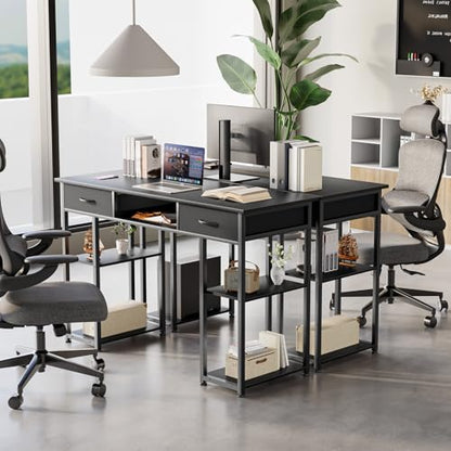 DUMOS 48-Inch Computer Desk with Drawers and Hook, Black | Home Office Desk for Bedroom, Gaming Writing Study Desk with Adjustable Feet - color: Black, size: 48-In